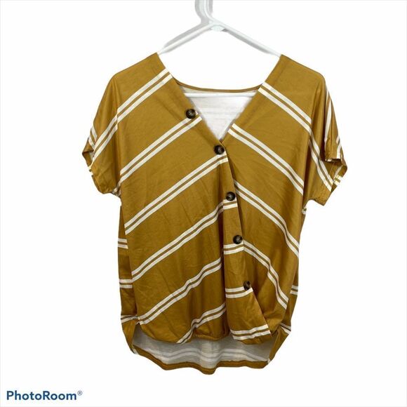 Striped Mustard Button Back Short Sleeved Blouse - Picture 4 of 9
